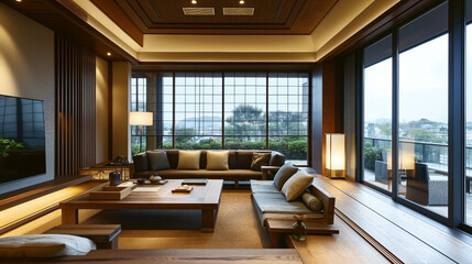 Elegant modern living room with large windows, wooden accents, and cozy furniture.