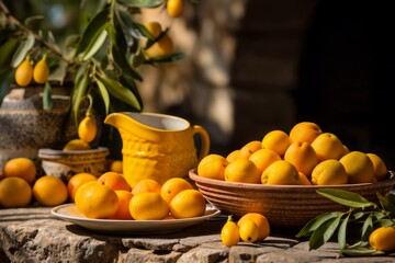 lemon tree in a pot and ripe lemons on a stone wall against an old house in the village, bright sunlight, beautiful still life