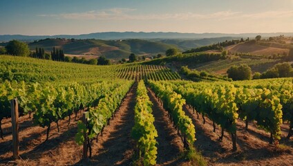 picturesque vineyard in summer with grapevines full of ripe grapes and a wine tasting event
