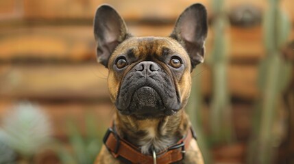 A close-up portrait of a French Bulldog with brown and black fur, wearing a brown leather collar, looking directly at the camera