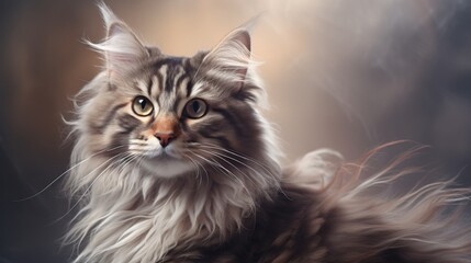 Obraz premium A beautiful photo of a long-haired tabby cat sitting on grass during a golden sunset. The cat's fur is illuminated by the warm light, and it has a calm, attentive expression. The background is softly 