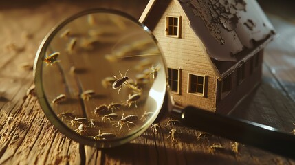 Close-up of a magnifying glass showing termites near a miniature house, highlighting the concept of pest infestation.