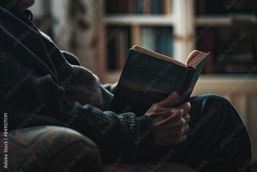 Poster a man sits in a chair holding a book but staring into space, lost in contemplation. soft light illum