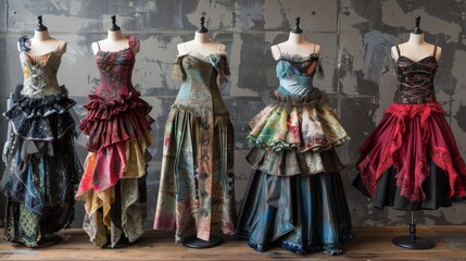 Fototapeta premium Five unique dresses made from repurposed materials are displayed on mannequins. The dresses feature intricate designs and layers, showcasing the creativity and skill of the upcycled fashion designer