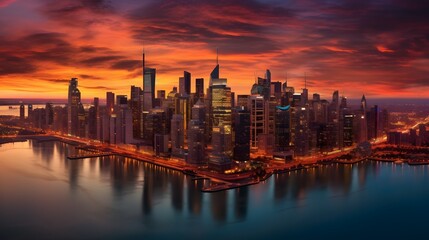 Obraz premium A panoramic view of a city skyline at sunset, shot with a Nikon D850, long exposure, vibrant colours