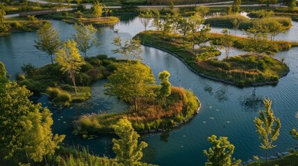 A picturesque aerial view of an urban park featuring winding waterways, lush greenery, and numerous small islands