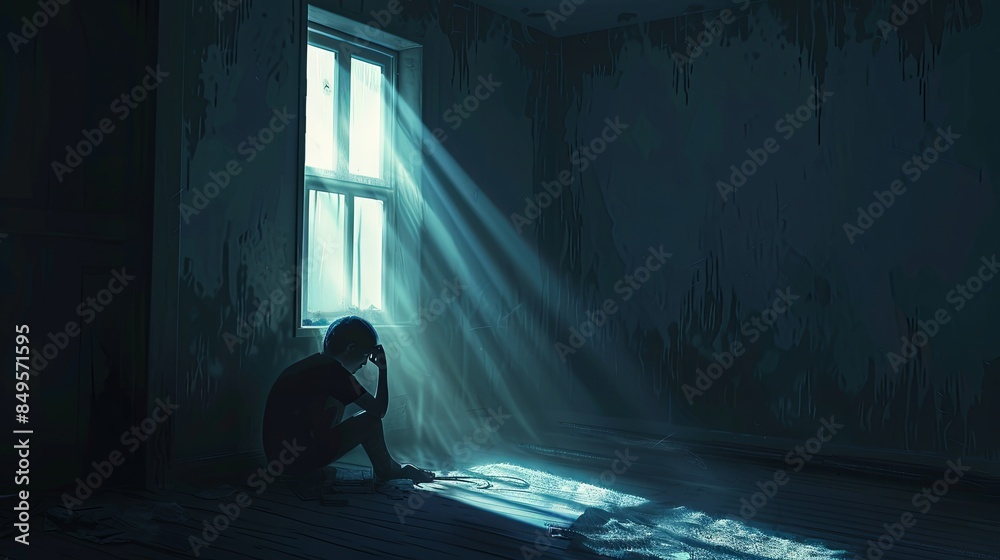 Poster alone in a dim room, a persons face hidden by shadows. sunlight from a lone window spotlights their 
