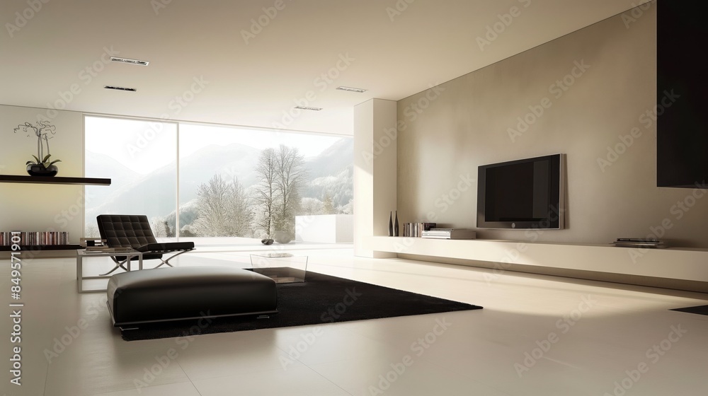 Wall mural Modern living room with panoramic mountain view through floor-to-ceiling windows, featuring minimalistic decor.