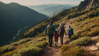 Fototapeta premium scene of a family hiking up a mountain trail with scenic views and a sense of adventure