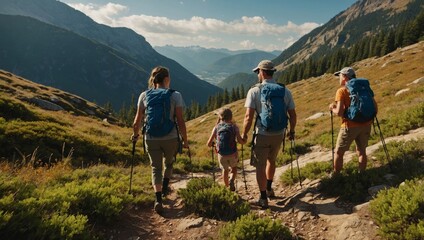 Fototapeta premium scene of a family hiking up a mountain trail with scenic views and a sense of adventure