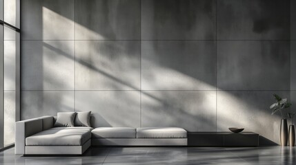 Minimalist living room with concrete wall, natural light, and modern furniture