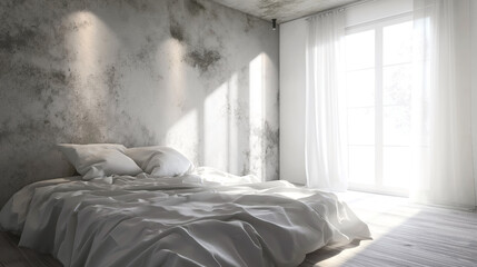 Sunlight streams in through the window of a modern bedroom with a white bed and worn wall.