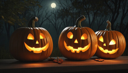 Obraz premium Three creepy jack-o'-lanterns glowing in the dark forest, surrounded by candlelight and mist, create a spooky Halloween scene