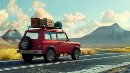 Red vintage car loaded with luggage driving along a scenic desert road with mountains in the background under a blue sky.