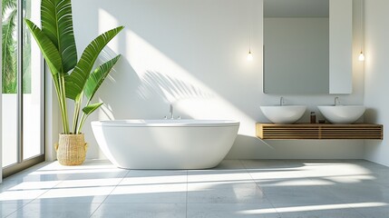 Fototapeta premium Modern bathroom with a standalone bathtub, double sinks, and a large tropical plant beside a window.