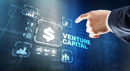 Venture capital. Investor capital. Businessman pressing virtual screen inscription
