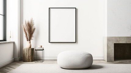 Elegant minimalist interior with a blank frame, dried plant, and a round pouf