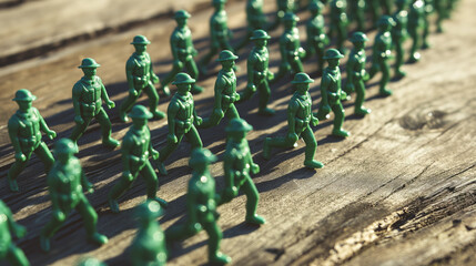 Obraz premium A nostalgic scene unfolds with green plastic toy soldiers arranged in formation on a wooden backdrop.
