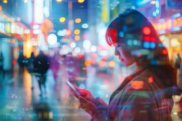 Naklejka premium woman in a vibrant neon-lit street captivated by the glow of the city at night as she uses her smartphone.