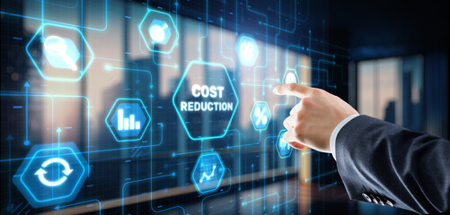 Cost reduction business finance concept. Businessman clicks virtual screen