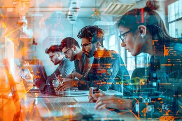 group of creative and skilled software developers working together in a modern and vibrant office setting to brainstorm, problem-solve, and collaborate on innovative solutions.