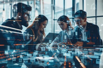 collaborative team of tech professionals engage in a brainstorming session to discuss innovative ideas for their new project in a sleek and modern office setting.