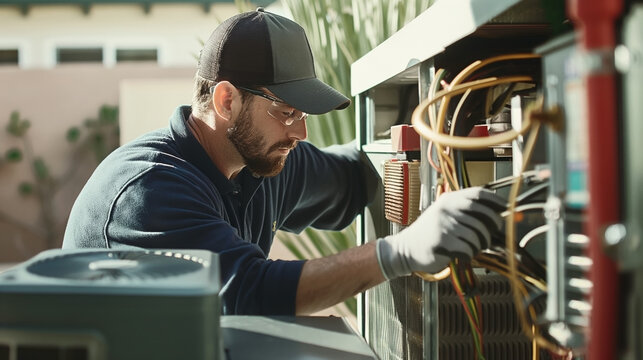 Focused technician servicing an outdoor air conditioning unit with precision tools