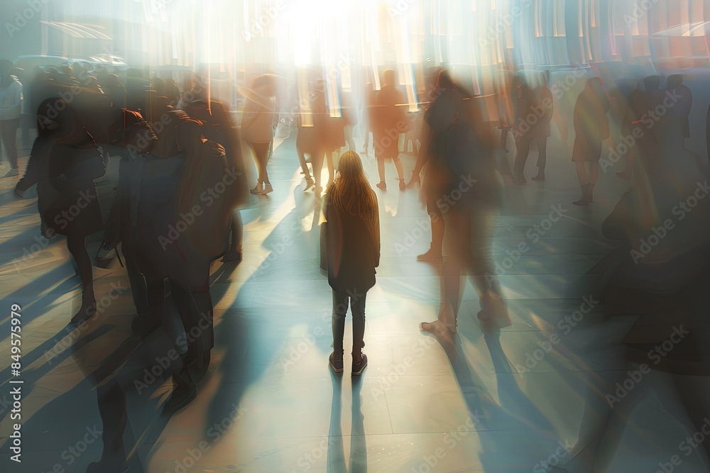Poster one person stands out in a busy room, their figure contrasting with the rest. sunlight fills the spa