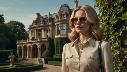 Lifestyle of the Rich: Stylish Woman at Ornate Estate