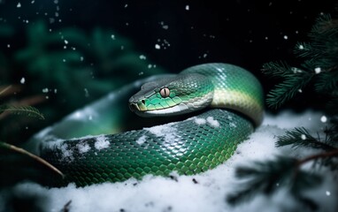 Fototapeta premium beautiful green snake crawling on snow, top view, christmas lights and fir tree branches nearby 