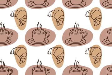 Seamless Croissant with Hot Drink pattern. Doodle sketch on white background. Sweet baked dessert and hot drink cup. Repeated Food Vector background for wallpaper, wrapping, textile, scrapbooking