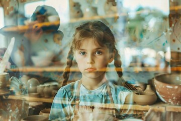 young girl with pigtails attentively observing her instructor demonstrate pottery techniques during a workshop session