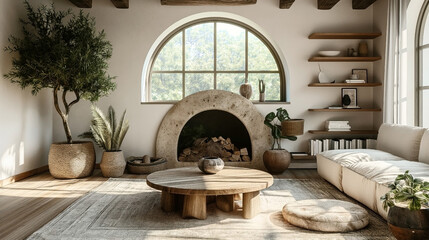 Stylish living room interior with an arched window, fireplace, and modern furnishings.