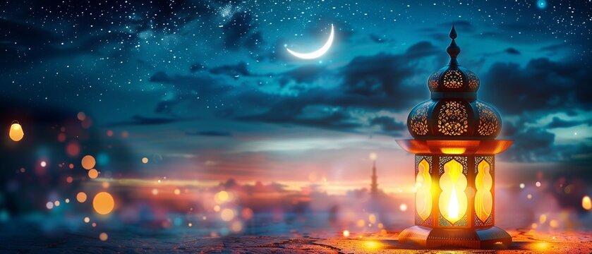 Ornamental Arabic lantern with burning candle glowing at night mosque background. Festive greeting card, invitation for Muslim holy month Ramadan Kareem. Starry sky. Generative ai
