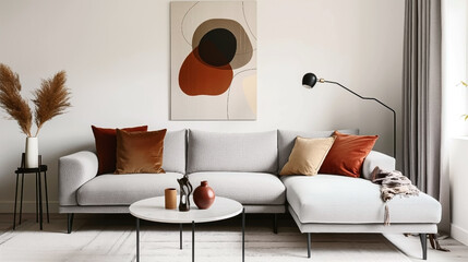 Modern living room with gray sofa, contemporary artwork, and chic decor elements.