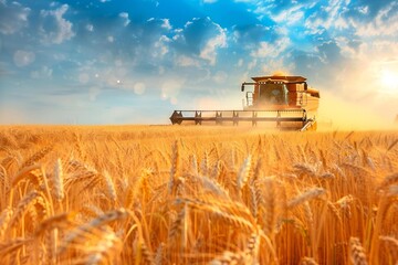 Fototapeta premium Beautiful Scene of a Bountiful Wheat Harvest with a Modern Combine Harvester in the Background
