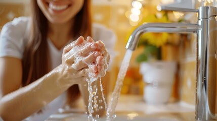 Obraz premium A woman washes her hands with soap and water in a bathroom sink. She is using a lot of soap and water, and her hands are covered in foam