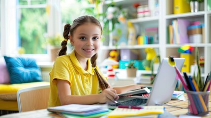a smiling girl as she sits at a table in her living room, engrossed in an online school class, surrounded by a laptop and books, embodying the essence of remote education.