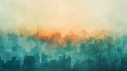 small city emerging of a misty pale background, 16:9