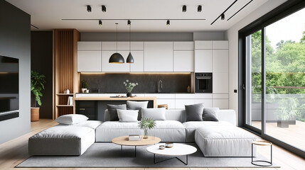 Stylish modern living room with large sectional sofa, wooden accents, and a fully equipped kitchen.