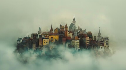 small city emerging of a misty pale background, 16:9
