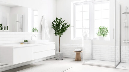 Bright and modern bathroom interior with white fixtures and live plants.
