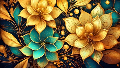 Fototapeta premium Elegant Golden and Teal Floral Pattern
