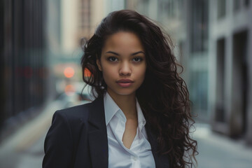 Fototapeta premium A confident young woman in a business suit stands poised on an urban street, exuding determination and strength amidst the bustling city backdrop