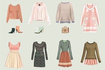 Casual women's clothing. Knitted clothing, fashionable clothing. Collection of women's clothing isolated set. Light colored women's dress.