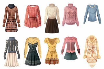 Casual women's clothing. Knitted clothing, fashionable clothing. Collection of women's clothing isolated set. Light colored women's dress.