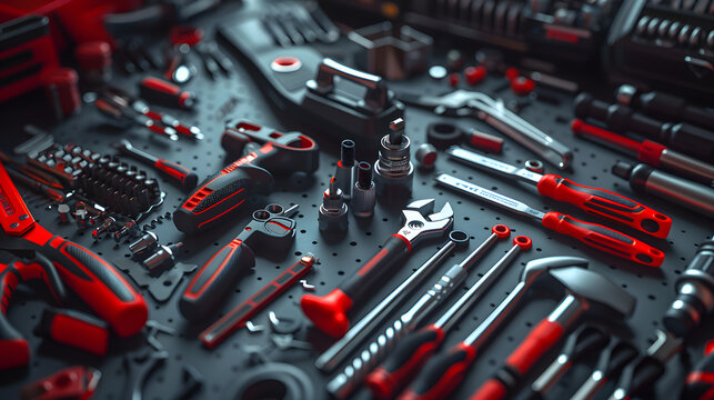 A collection of tools and hardware, including wrenches, pliers, and screwdrivers