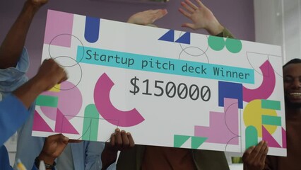 Group of happy male entrepreneurs rejoicing at winning as best startup company, receiving certificate after pitch deck