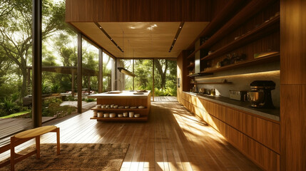 Obraz premium Luxurious modern kitchen with wood finishes and a view of a lush green garden.