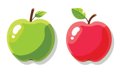 Tasty and colorful red and green apple with a green leaf in flat style. Cartoon character in vector illustration